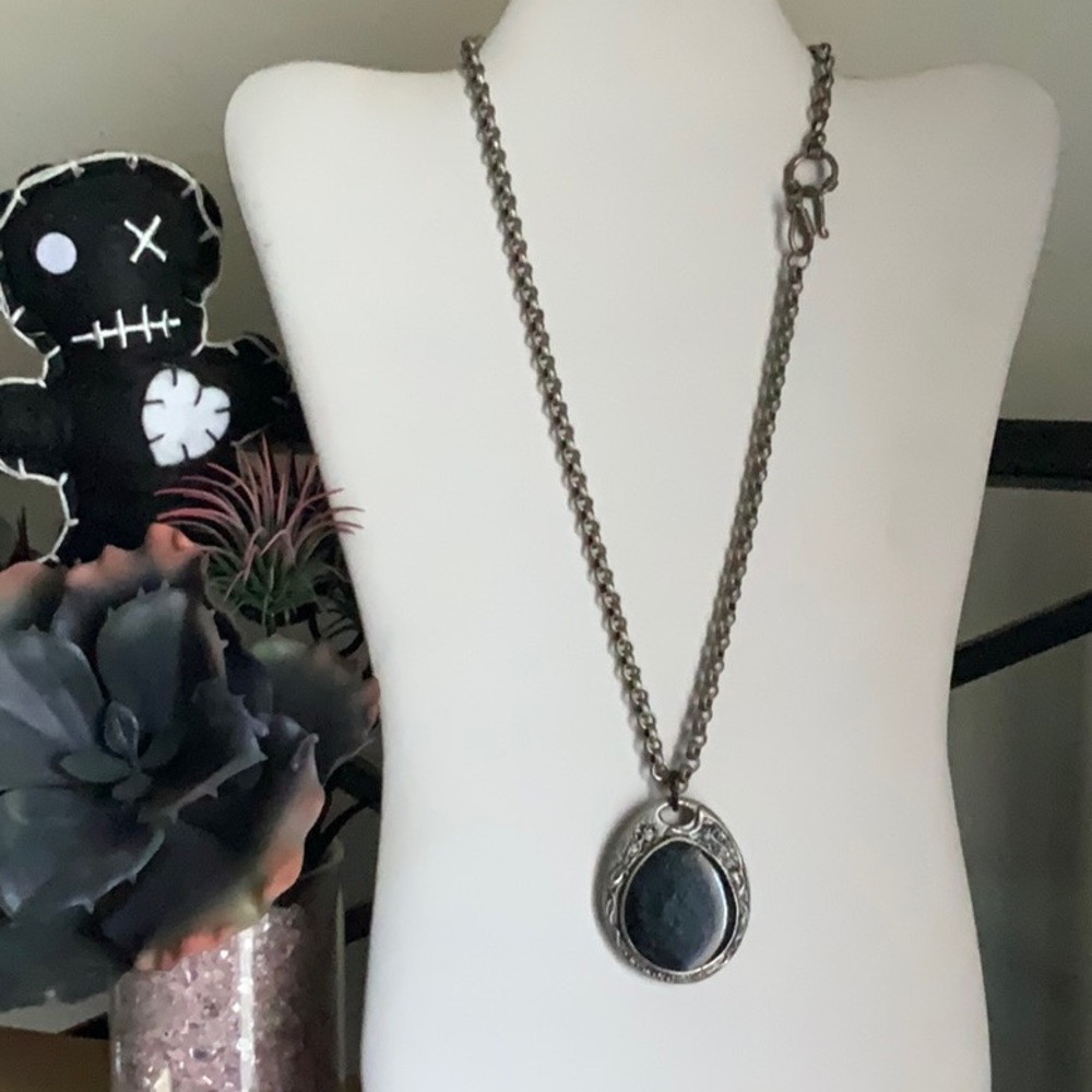 Authentic Onyx Engraved Silver Pendant on Textured Silver Rolo Chain